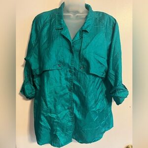 Vintage Diane Von Furstenberg jade green utility top blouse medium shoulder pads